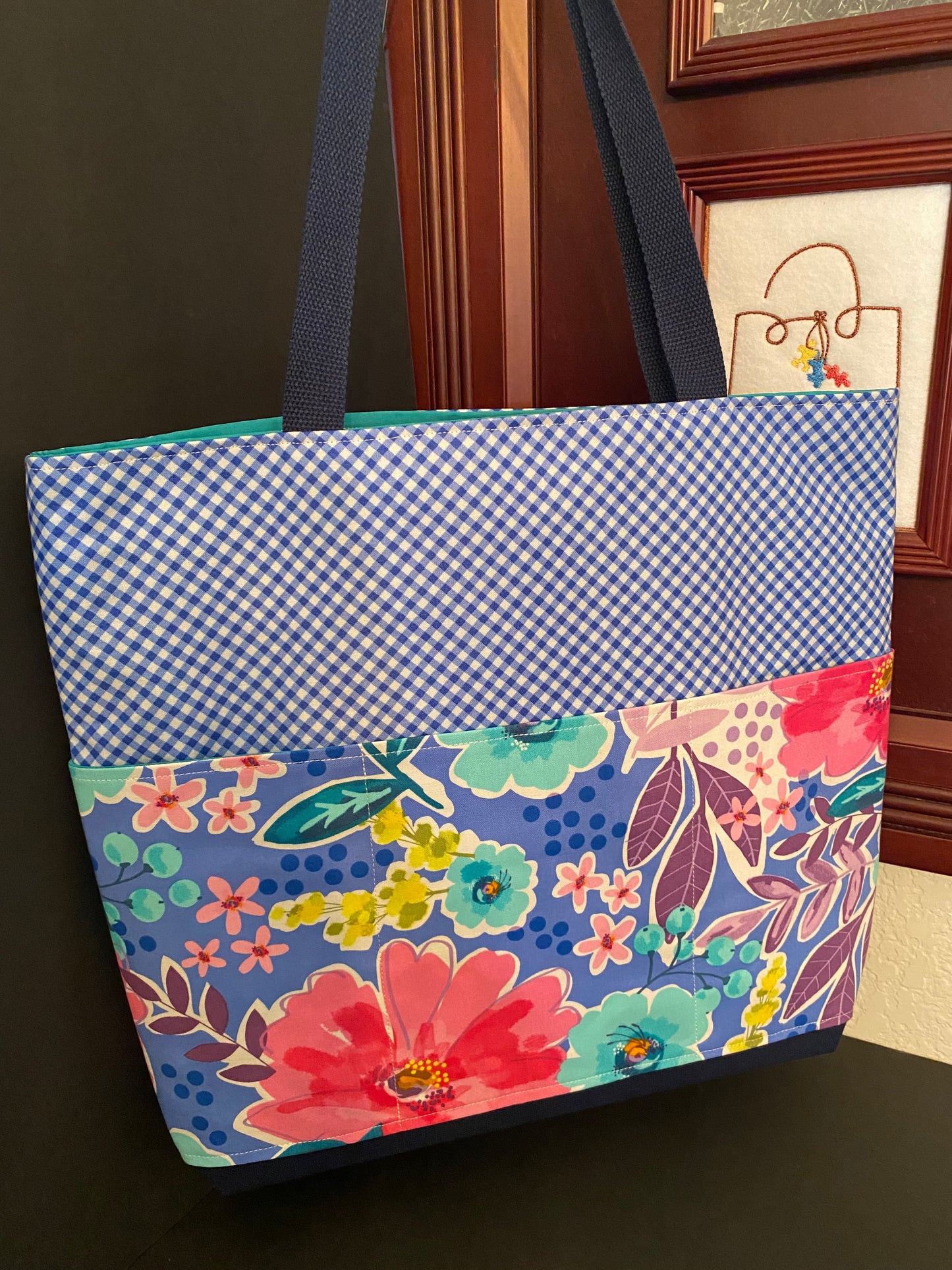 Checkered Blue Bloom Tote