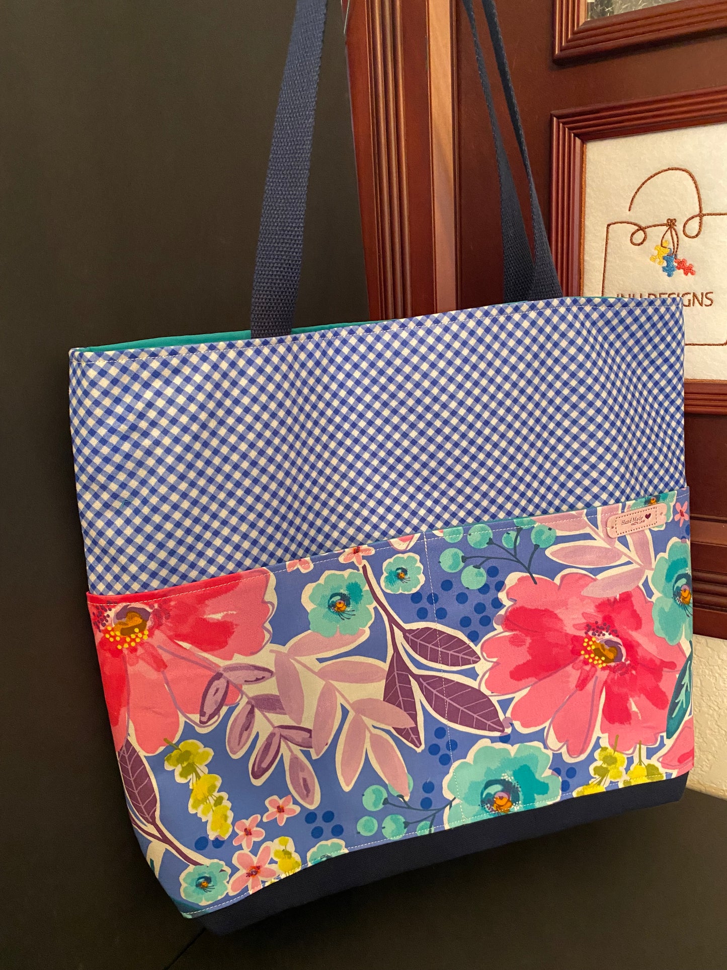 Checkered Blue Bloom Tote